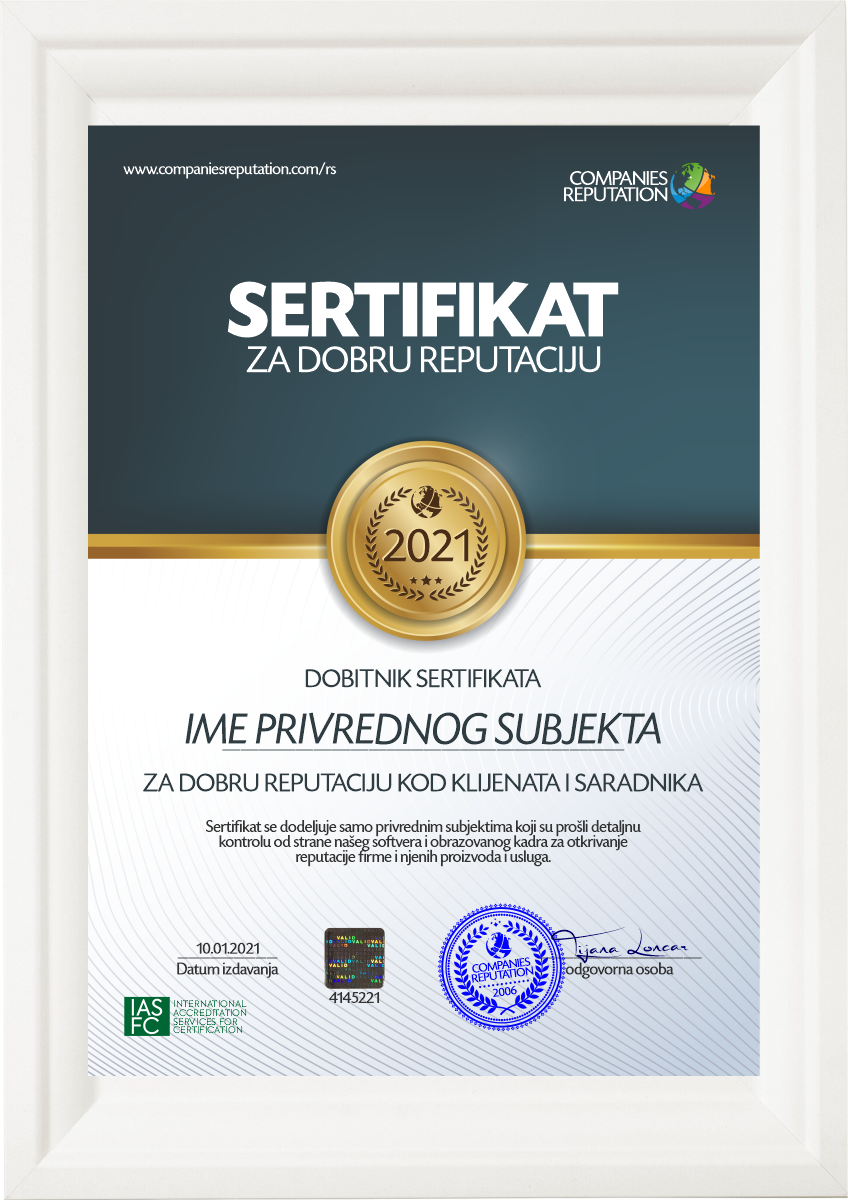 SERTIFIKAT ZA DOBRU REPUTACIJU