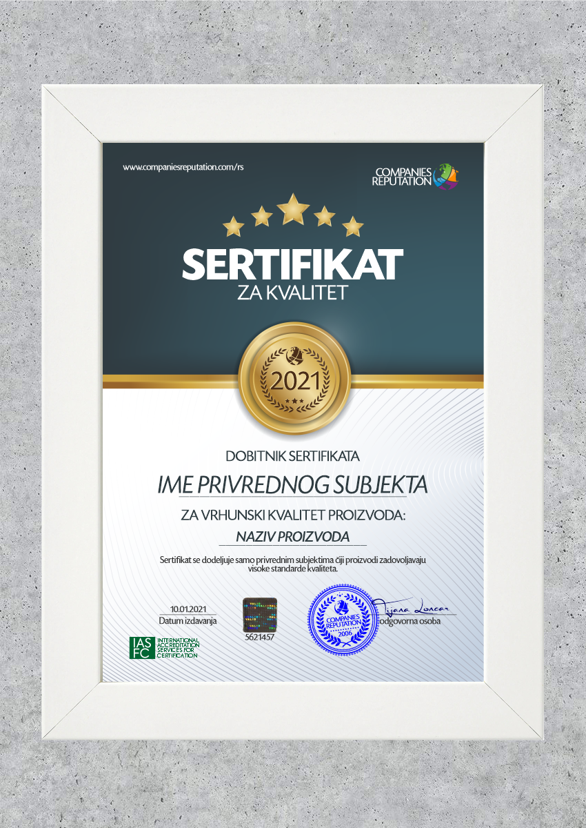 URAMLJENI SERTIFIKAT ZA KVALITET