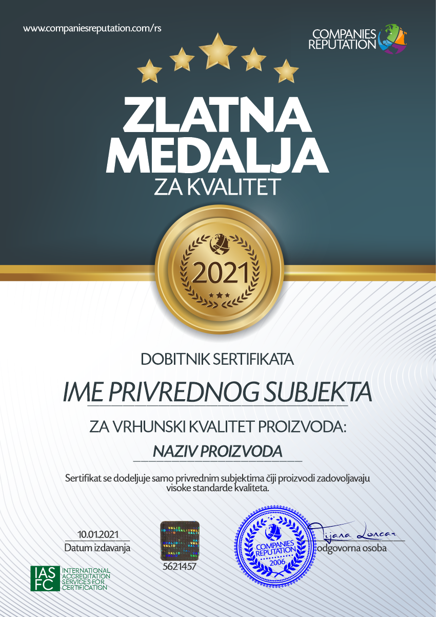 ZLATNA MEDALJA ZA KVALITET SERTIFIKAT