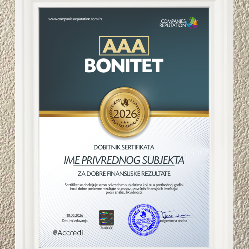 Štampani (uramljeni) sertifikat za bonitet sa hologramom + digitalni bonitet