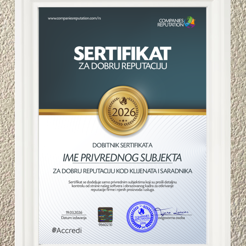 Štampani (uramljeni) sertifikat za dobru reputaciju  sa hologramom + digitalni sertifikat