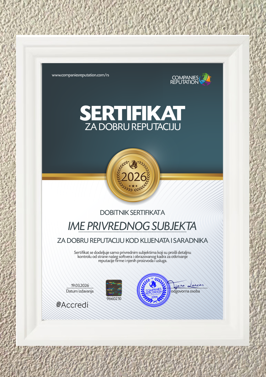 Štampani (uramljeni) sertifikat za dobru reputaciju  sa hologramom + digitalni sertifikat